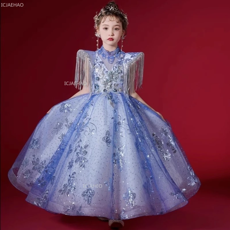 Kids Girls Princess Party Dress for Flower Girl Wedding Children Birthday Host Piano Performance Pageant Formal Celebration Gown