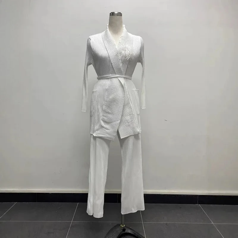 Damespak Miyake effen kleur vest met lange mouwen Top + elastische taille Broek van negen minuten Tweedelige set 2025, zomermode