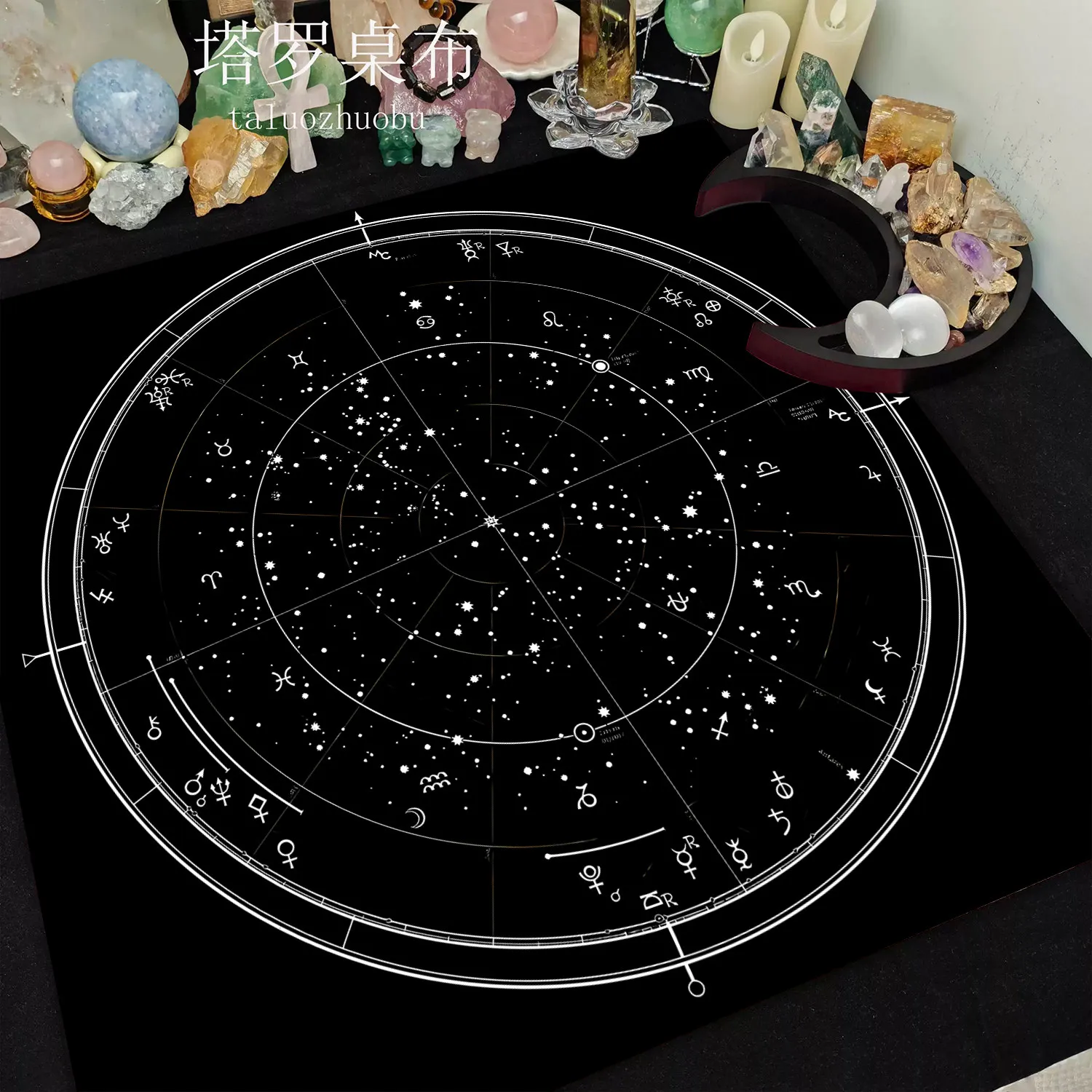VIKAMA White Astrology Wheel Zodiac Star Tarot Tablecloth Mystical Occult Altar Cloth Divination Mat Non Slip Home Decor