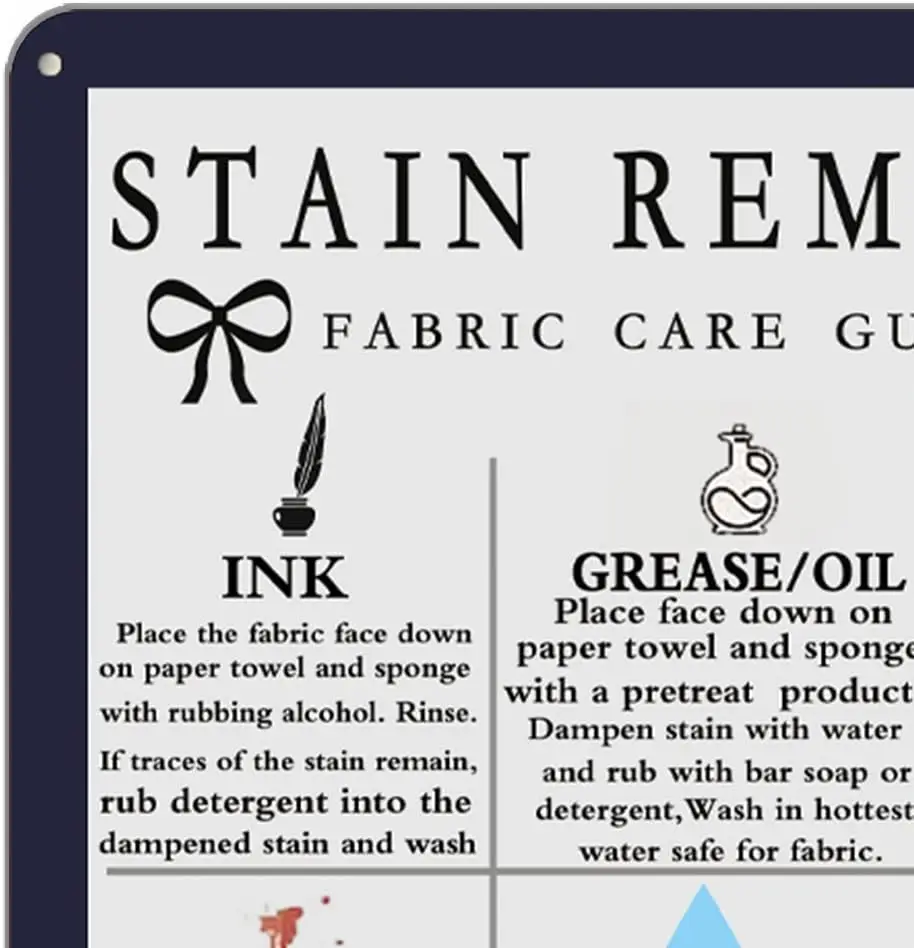 Funny Laundry Stain Removal Fabric Care Guide Metal Tin Sign Wall Decor Laundry Sign for Home Laundry Room Decor Gifts 8 x 12 in