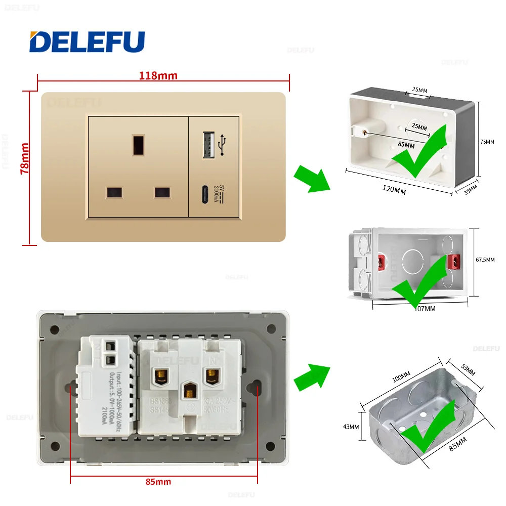 DELEFU Wall Switching power socket USB-C PC Gold panel UK series