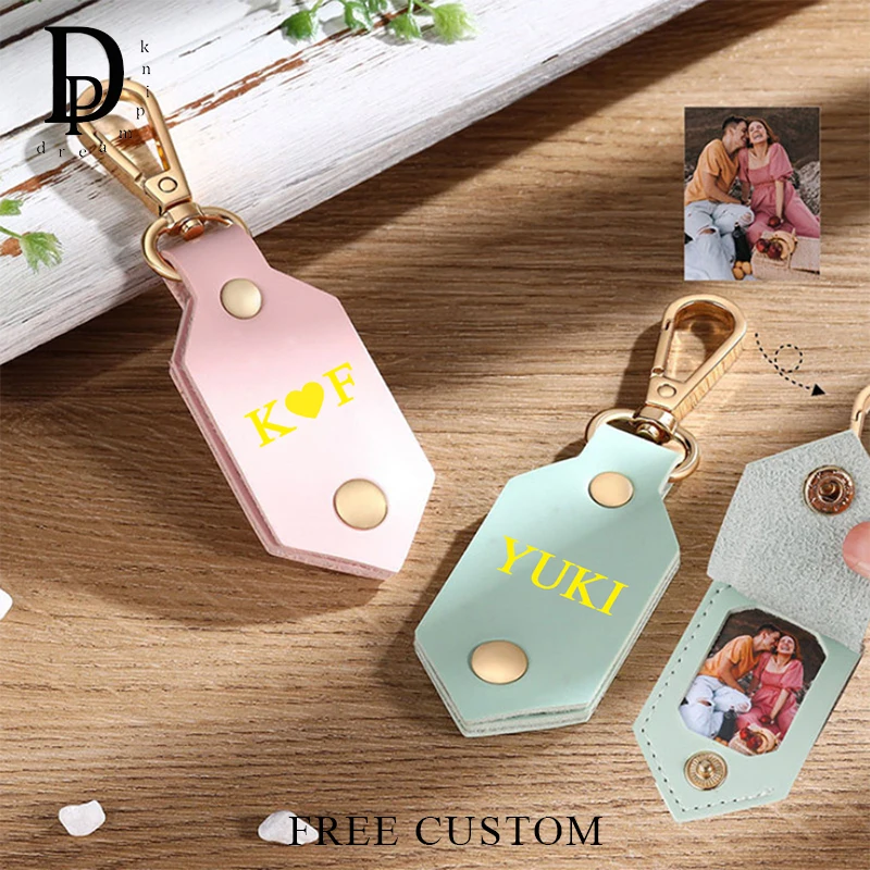 Custom Name PU Leather Key Ring Couple DIY Photo Box Keychain 1-inch Picture Key Hanger Pendant Personalized Birthday Gift