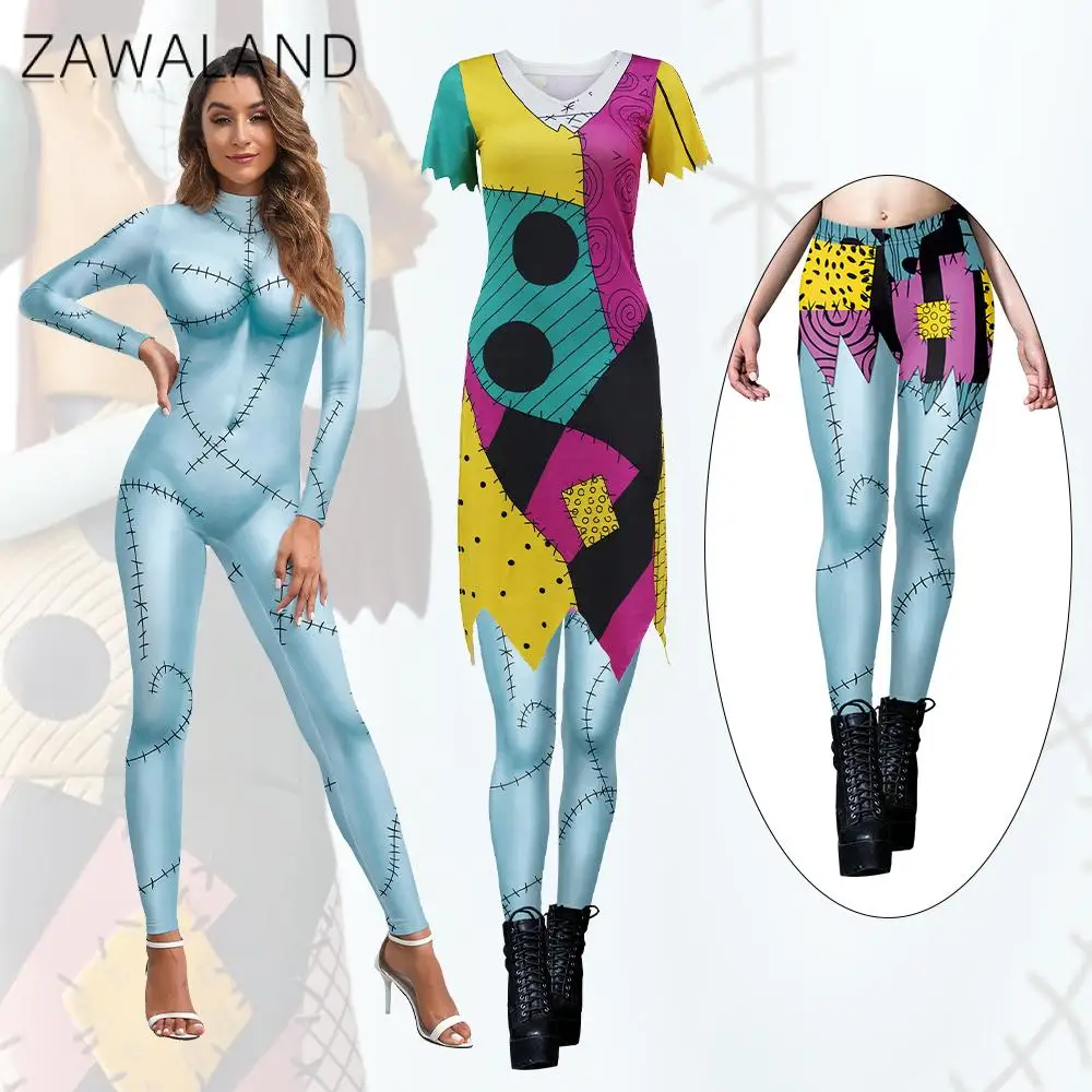 ZAWALAND Cosplay Sally Costume Suits Nightmare Before Christmas Jumpsuits Women Disguise Sally Party Fancy Dress Leggings Sets