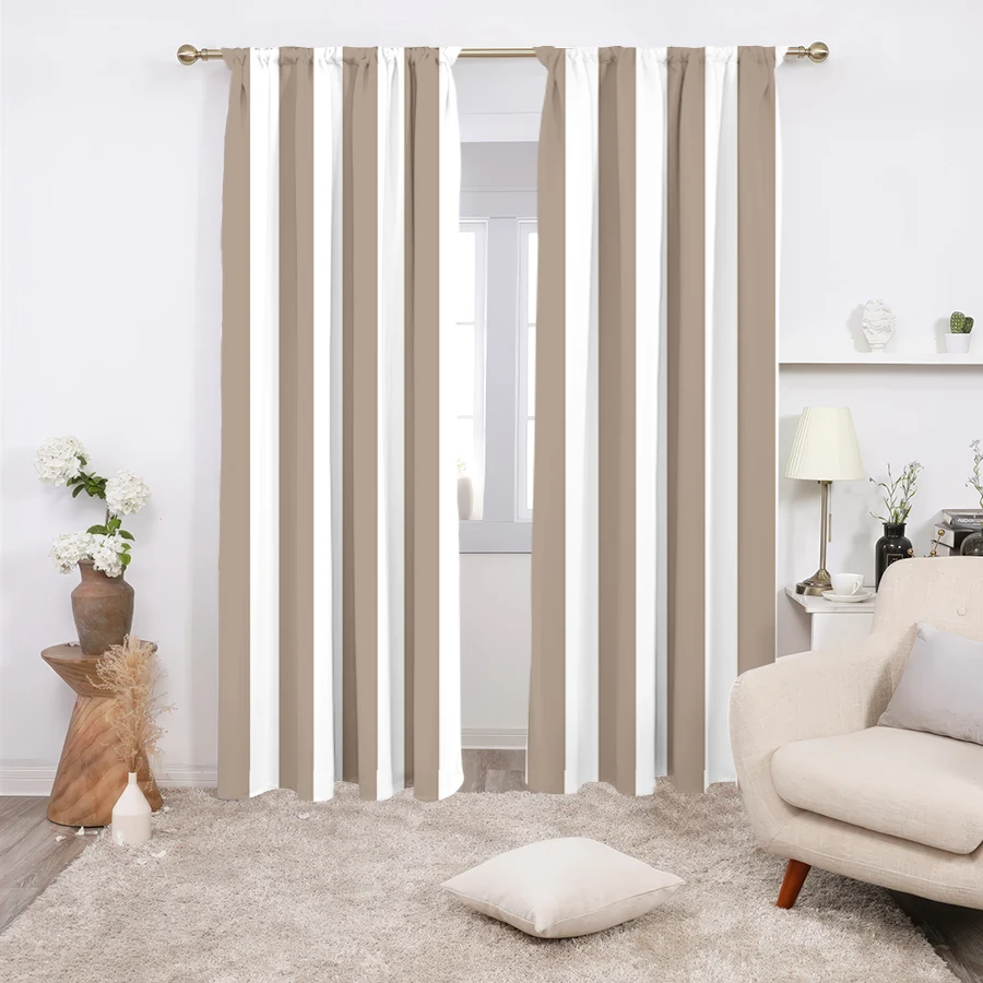 2-piece set, khaki white striped printed curtains, pole bag design, suitable for bedroom curtains and living room curtains