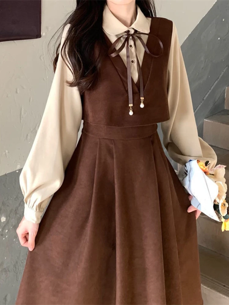 Vintage Patchwork Dress Long Sleeve Spring Autumn Preppy Style Temperament Clothing Fake Two Piece Female Slim Women Dresses