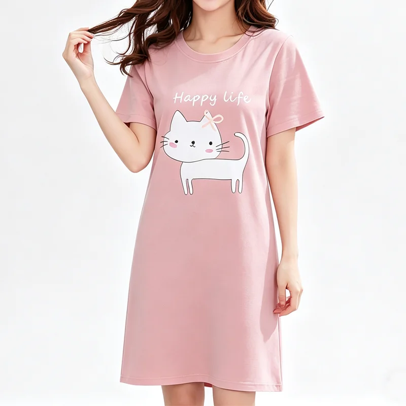 Cute Cat Women's Nightgowns Fashion Night Wear Summer Nightdress Cartoon Femme Sleepwear Plus Size Pijamas Pyjama