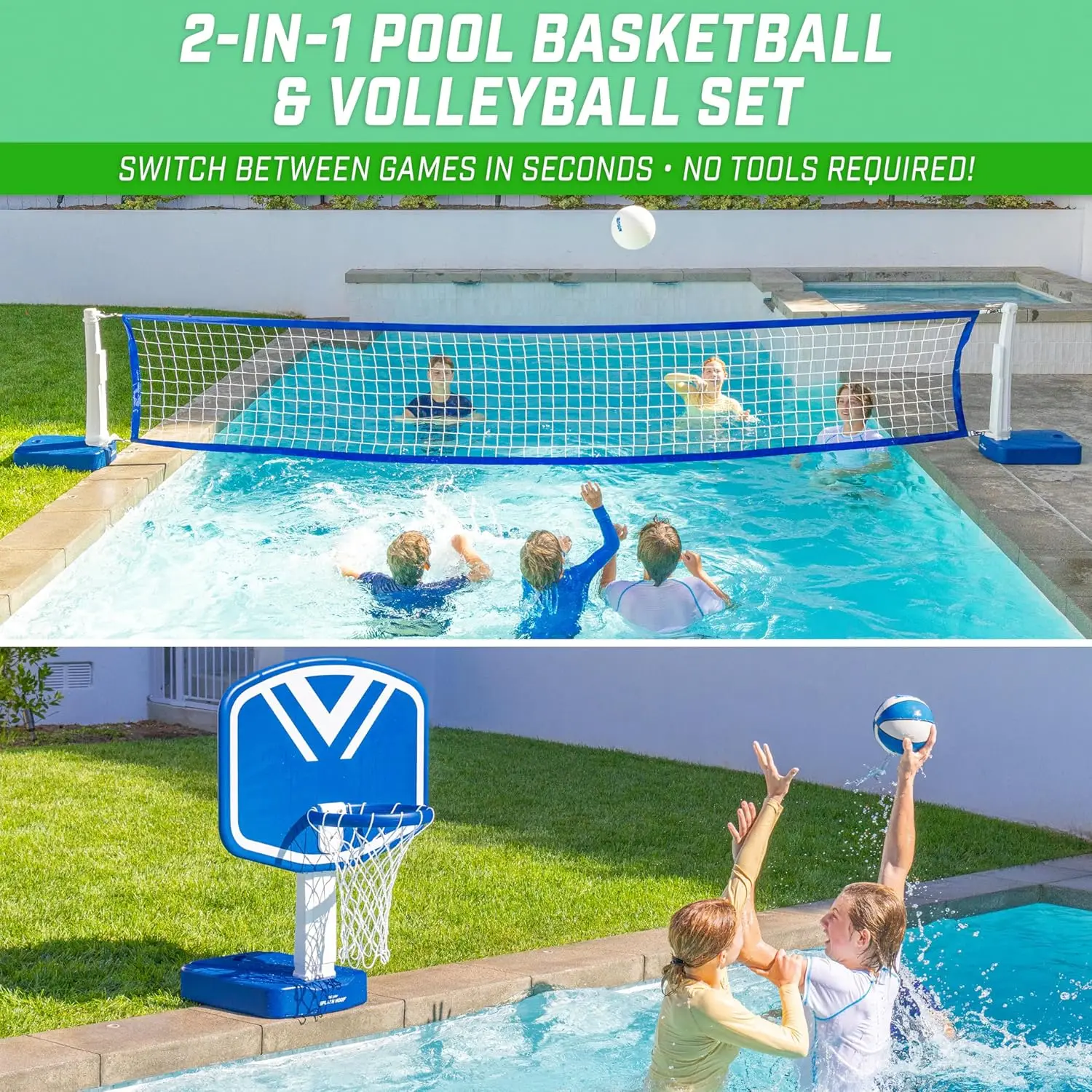 2-in-1 Pool Basketball Hoop and Volleyball Net Combo Game Set