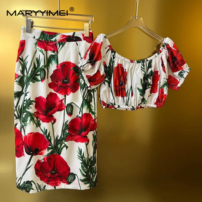 MARYYIMEI Fashion Designer Suit Summer Women\'s Spaghetti Strap Square Collar Carnation Print Top+Skirt 2 Pieces Set