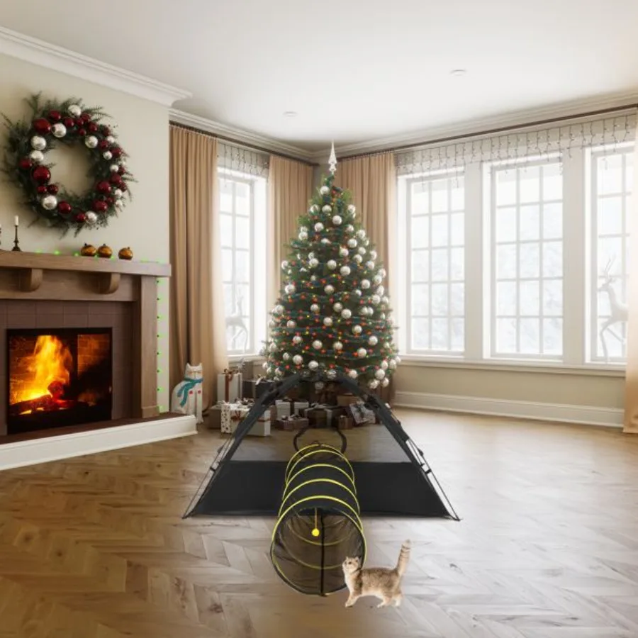 Outdoor kattenspeeltent met tunnel Draagbaar kattenspeelhuisje voor binnen en buiten Kattenbox Ingesloten voor katten Konijnen en kleine Ani
