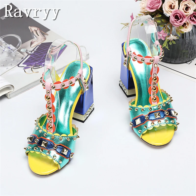 Retro Style Rivet Sandals Summer Women\'s Luxury Design Peep Toe Chunky High Heel Summer Shoes Fashion Runway Party Shoes