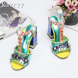 Nitowane sandały letnie damskie luksusowy Design Peep Toe w stylu Retro gruby obcas letnie buty wybieg mody buty imprezowe