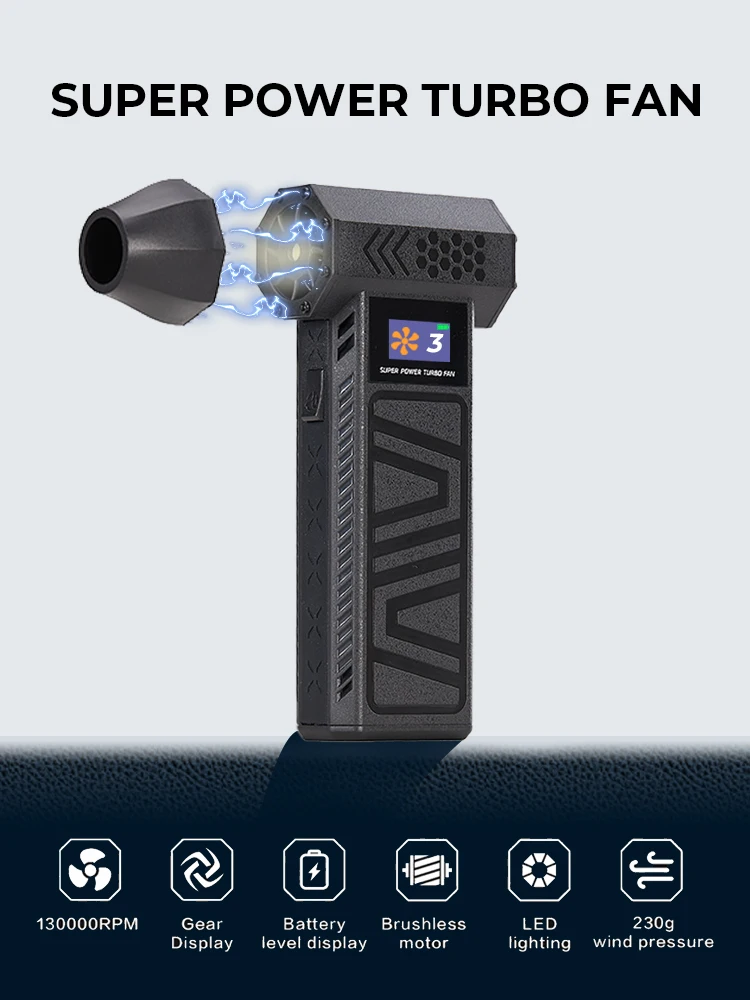 Mini Turbo Jet Fan High Speed Brushless Turbo Jet Fan 3 Speed Violent Mode 52M/S/40M/S Max Speed Wind Type-C Fast Charging