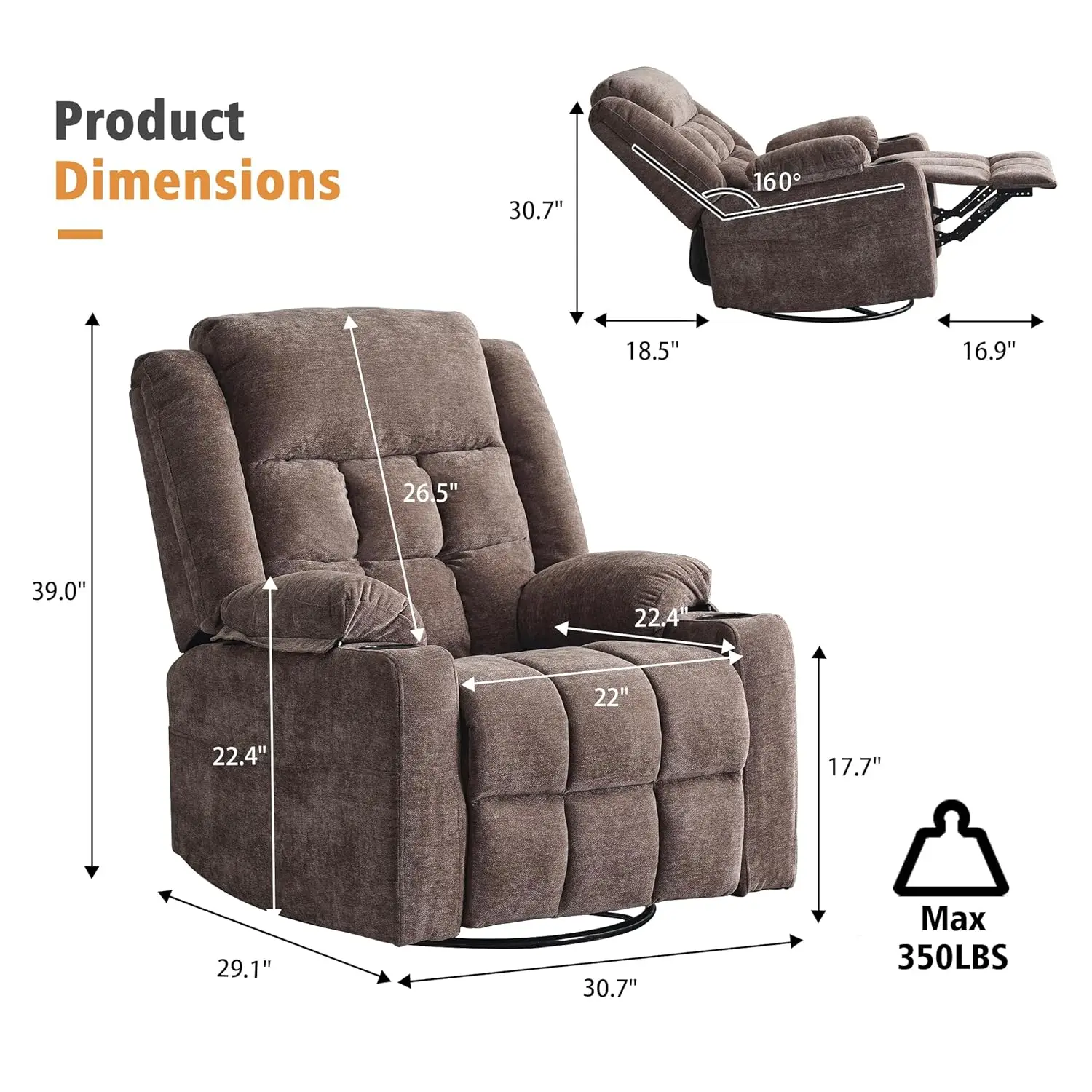 #Power Swivel Rocker Recliner w/ Massage Heat USB Type-C Infinite Position Electric Glider Sofa Living Room Coffee Customized