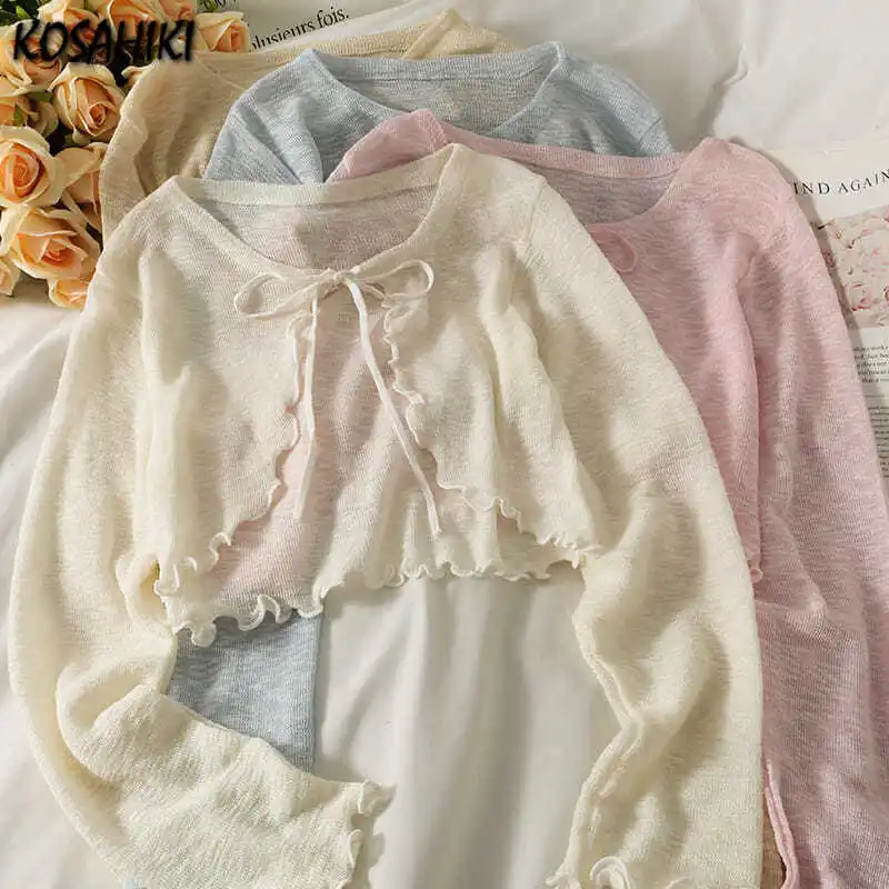 KOSAHIKI Frauen Dünne Mantel Casual Bogen Sommer Sonnenschutz Kleidung Weibliche Strickjacke Hemd Lolita Abdeckungen Tops Bluse Frau Blusa