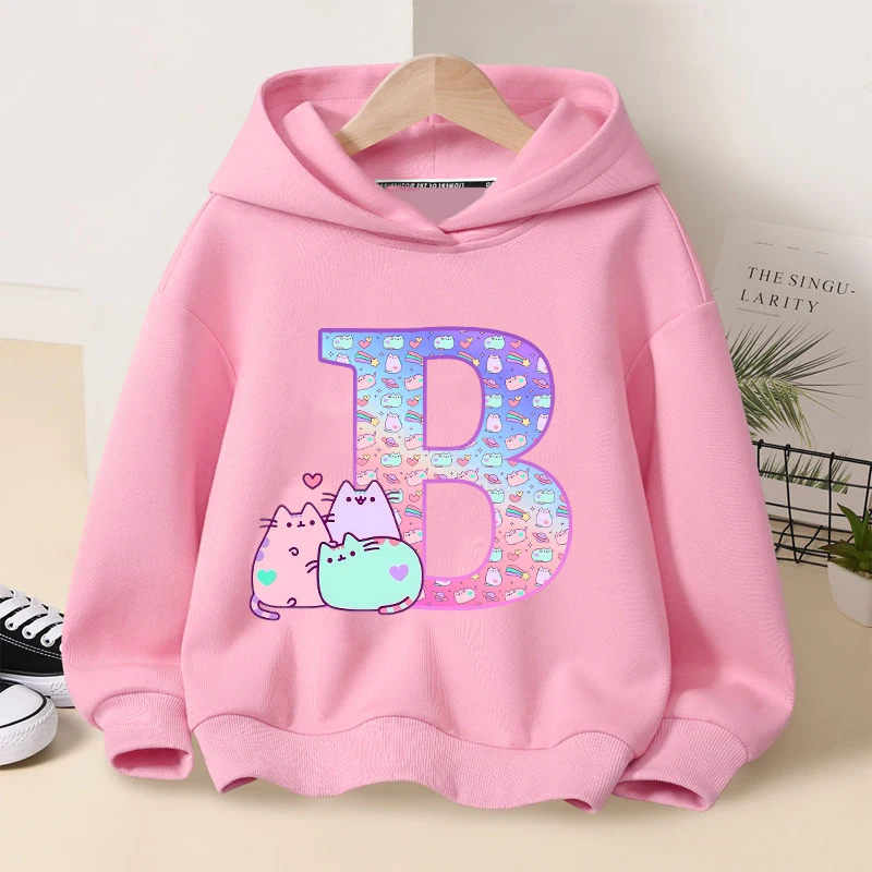 Pusheens Cute Hoodies Girls Anime Cat Letter A-Z Sweatshirt Kids Winter Thickening Warm Pullover Children Clothes Gift Hot Sales