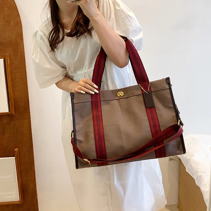 Quality Canvas Tote Handbag For Women Large Capacity Contrast Color Wide Strap Shoulder Bags 2022 Designer Big Shopper Tote Bag