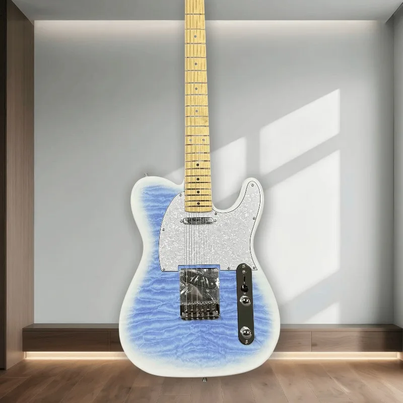 Blue Quilted Maple Burst TL Style Solid Body Electric Guitar Two Single Pickups Gloss Finish Maple Neck White Pearl Pickguard