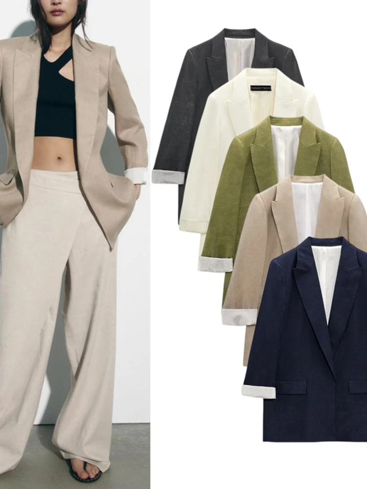 

Pure Linen Mixed Fabric Women's Suit Jaet Casual Open Front Notch Collar Long Sve Regular Length Color Faion