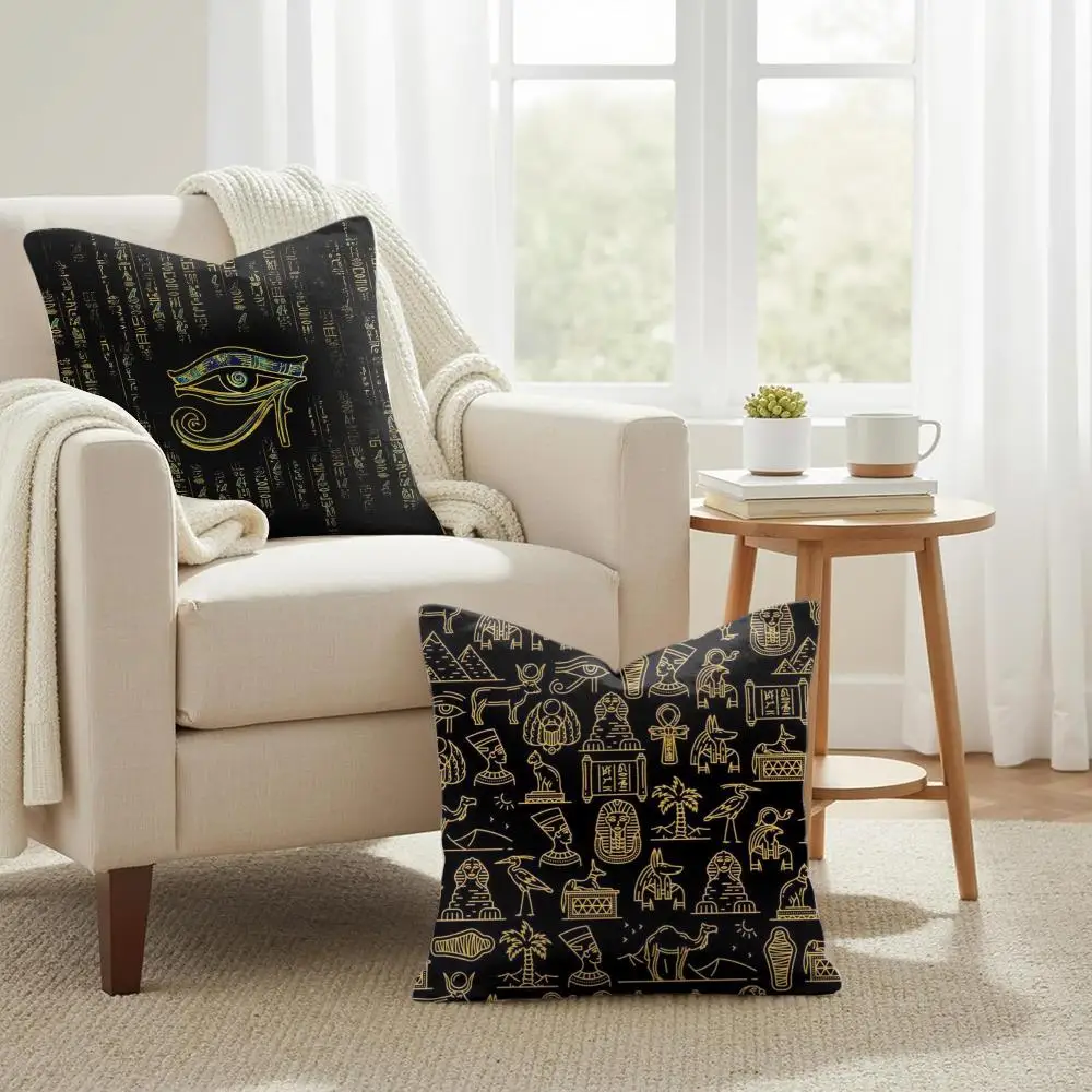 Ancient Egyptian Cushion Cover Double-Sided Printed Organic Linen Pillow Cover, Decorative for Sofa Home