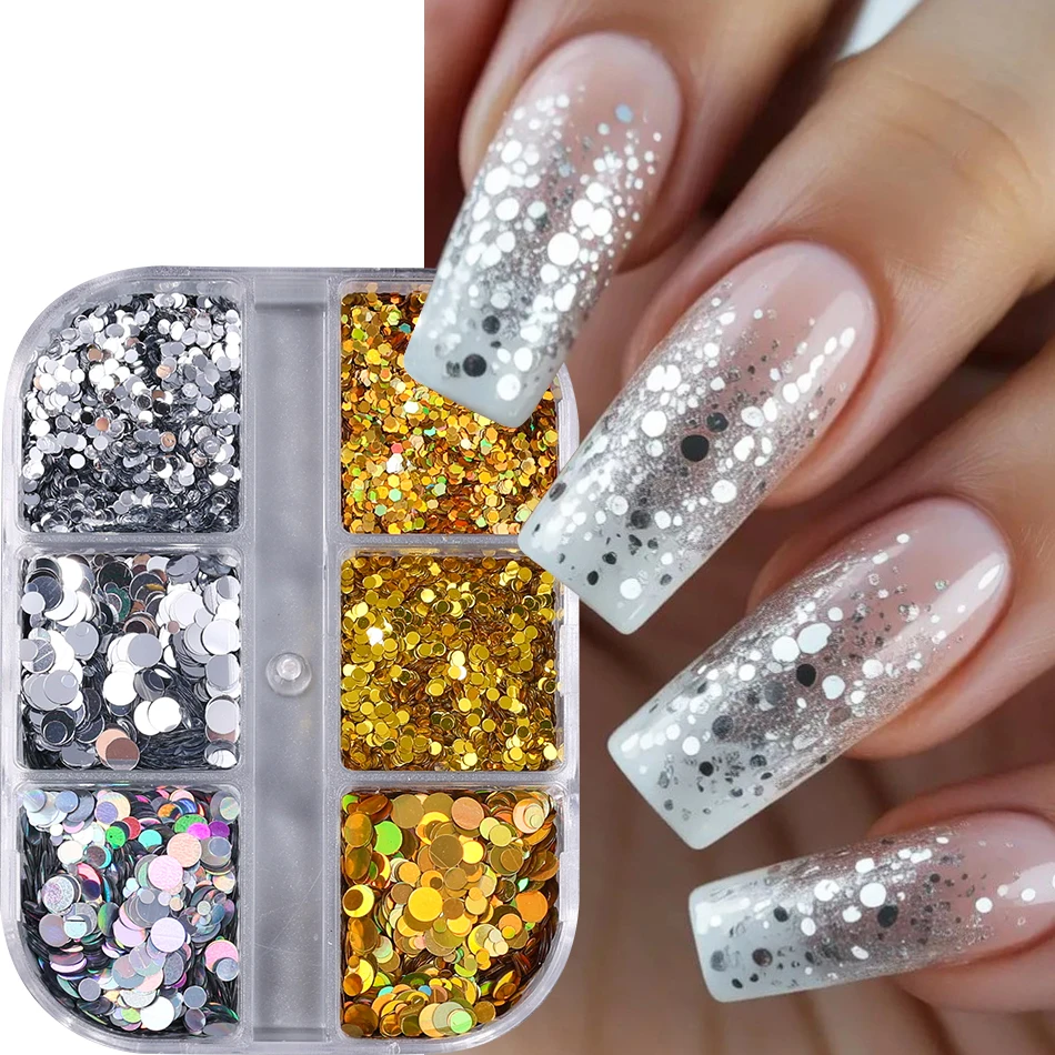 6칸 골드 실버 라운드 네일 스팽글 홀로그램 믹스 반짝이는 라운드 도트 글리터 플레이크 반짝이는 Y2K 매니큐어 장식 플래시