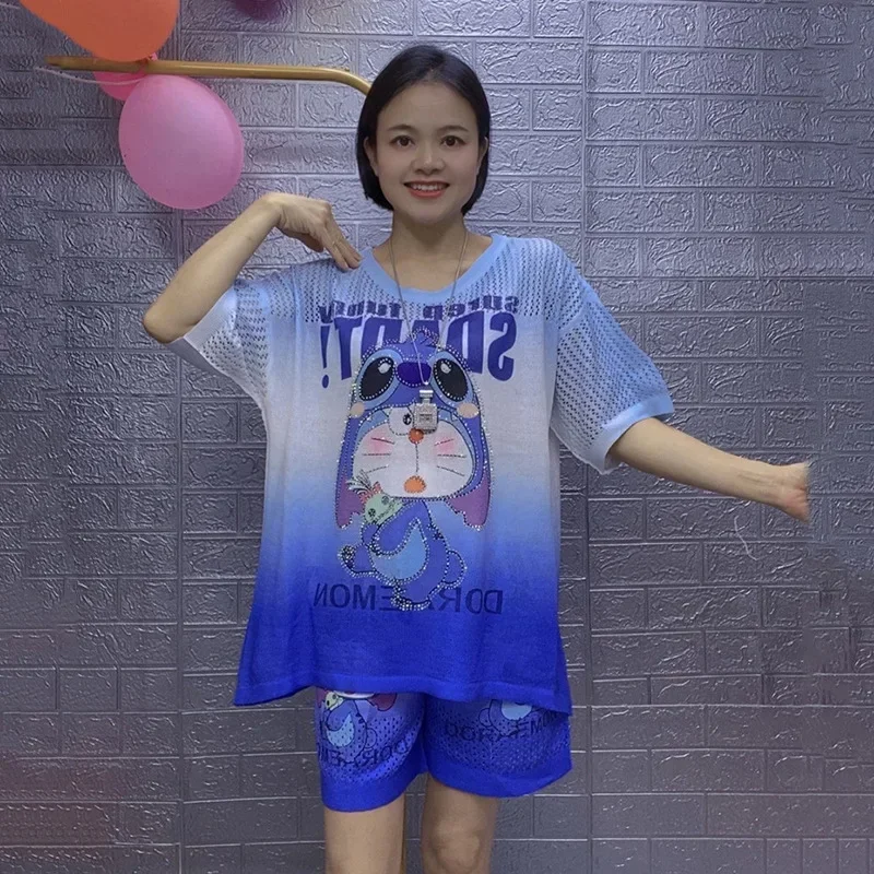 2024 2 Piece Sets Womens Outfits Cartoon Pattern Diamonds Tracksuit Hollow Out Short Sete Casual Knitting Костюм Женский Летний