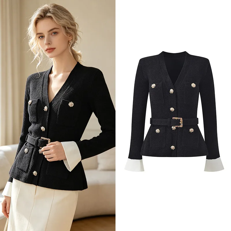 New Arrival Lady Autumn Colorblock V-neck Flared Long Sleeve Single-breasted Office Casual Wear Women Knits Cardigan With Belt