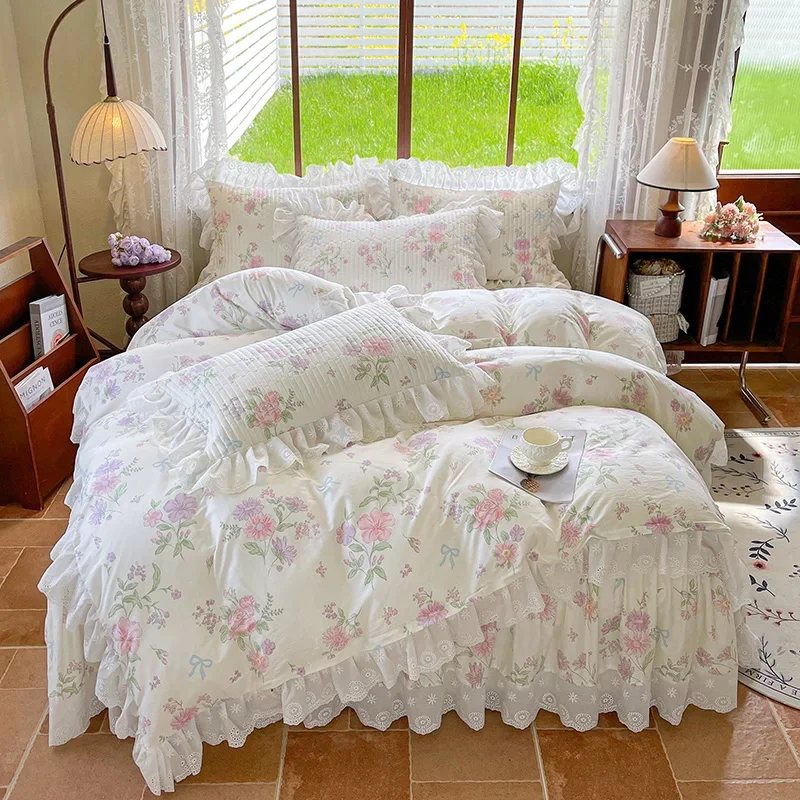 100% Cotton Korean princess style Floral Lace Ruffles Bedding Set Duvet Cover Set Quilted Bed Skirt Fitted Sheet Pillowcases