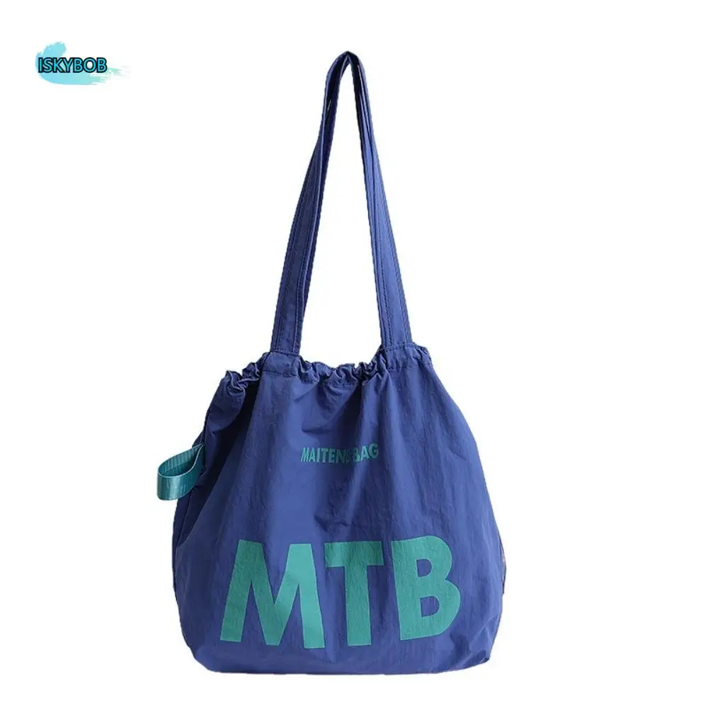 

Korean Solid Color Drawstring Bags Nylon Large Capacity Letter Shoulder Bag Light Weight Shopping Tote Bags Summer