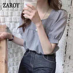 PLAZSON Summer Elegant Blouse Plaid Shirt Summer Fashion Hollow Short Sleeve Pullover Top Office Lady Shirt