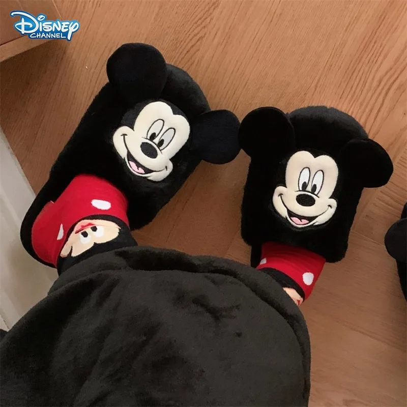 Disney Anime Mickey Mouse Winter Couple Style Home Slippers, Cute Girls Y2K Indoor Wear Warm Woolen Cotton Kawaii Christmas Gift