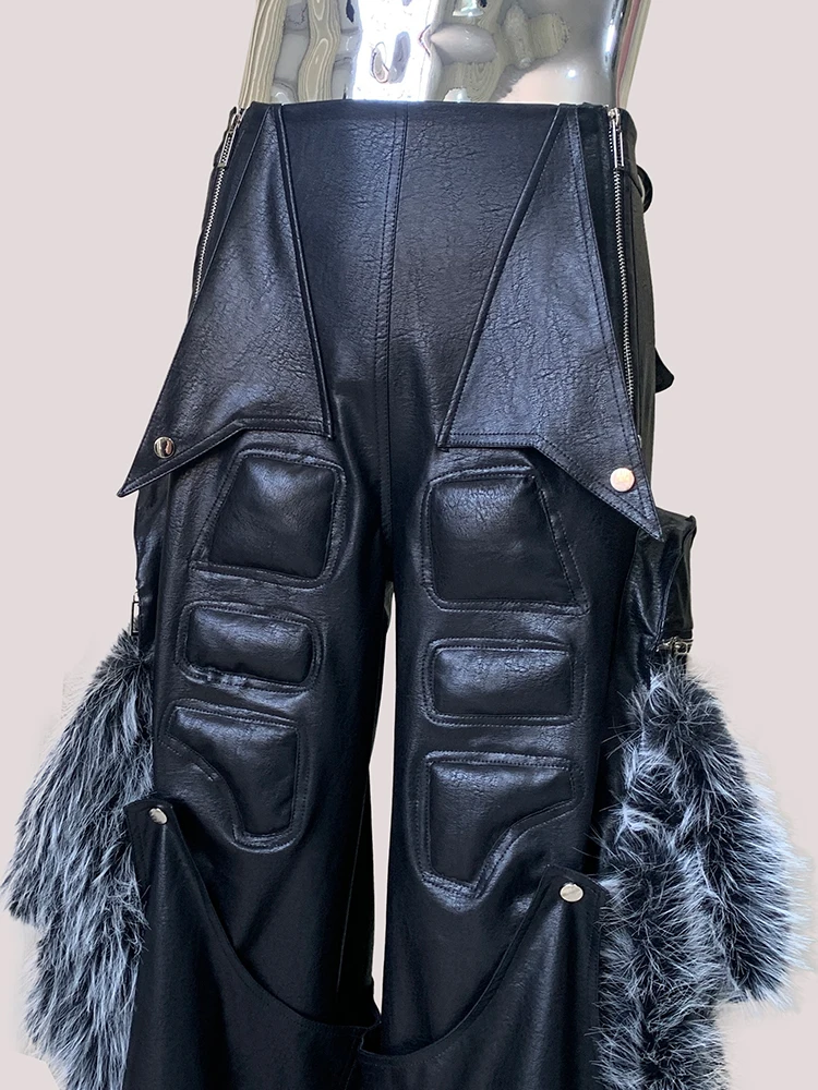 Nerazzurri الخريف كول فضفاض فو الفراء المرقعة بولي Leather الجلود واسعة الساق السراويل البضائع الرجال الفاخرة مصمم الأوروبي ايمو الشارع الشهير 2025