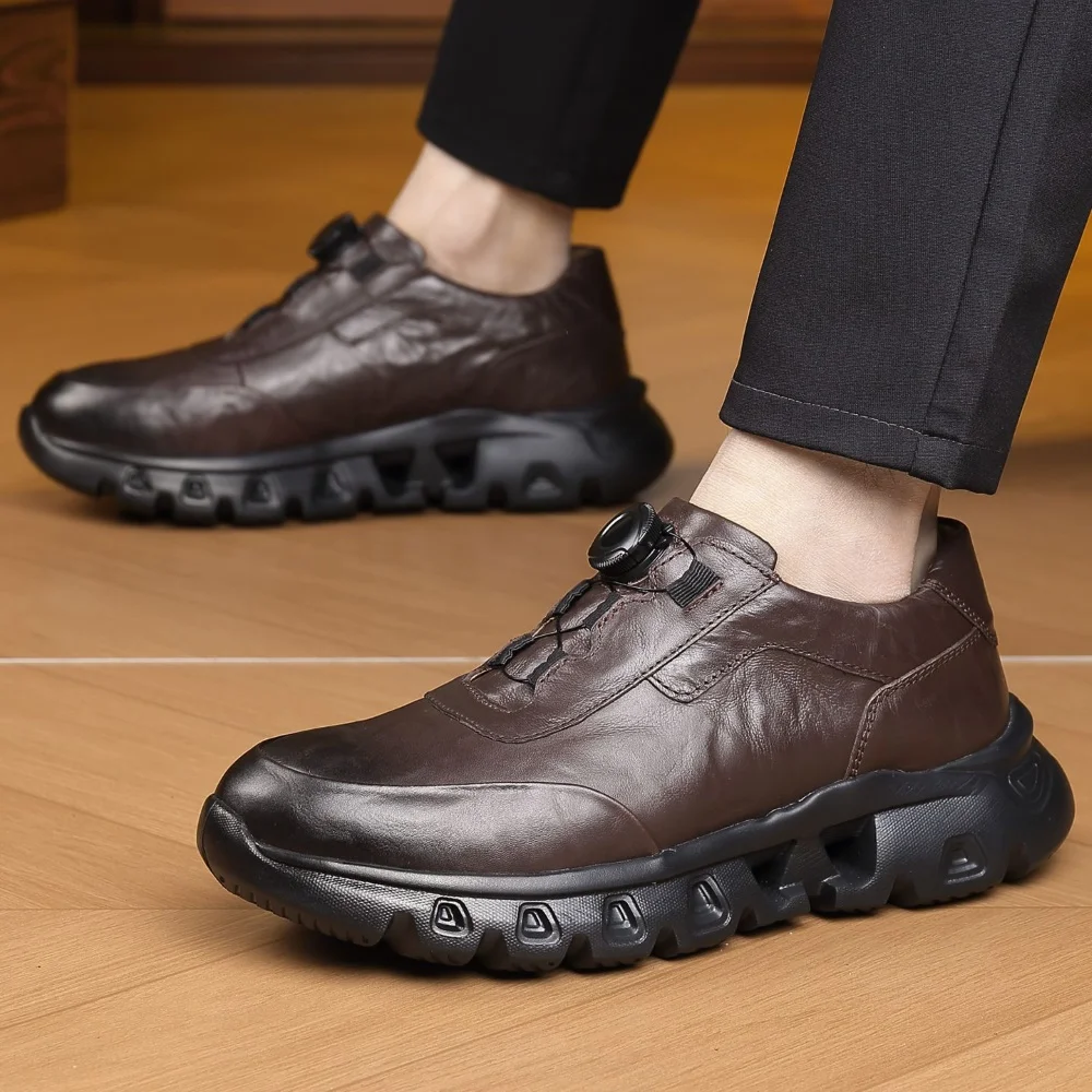 Trendy Cow Leather Shoes Men Automatic Swivel Button Luxury Cowhide Sneakers Lightweight Business Athletic Loafers Handsome 45 view 2