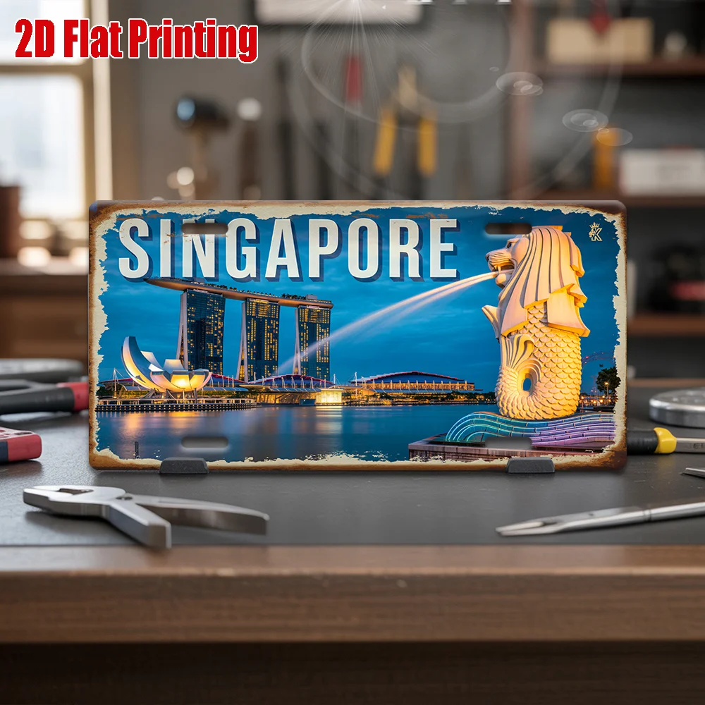 2D Flat Aluminum Singapore Marina Bay Merlion Vintage Decor Wall Sign Metal Plaque Travel Wall Study Balcony Office Art