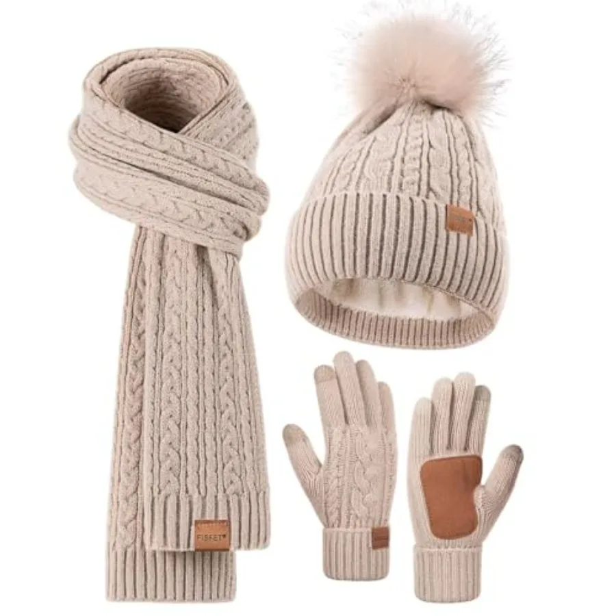 

Winter Beanie Hat Scarf Gloves Set for Women Pom Pom Beanie Fleece Lined Knit Neck Warmer Touchscreen Gloves 3 in 1 Gift Set