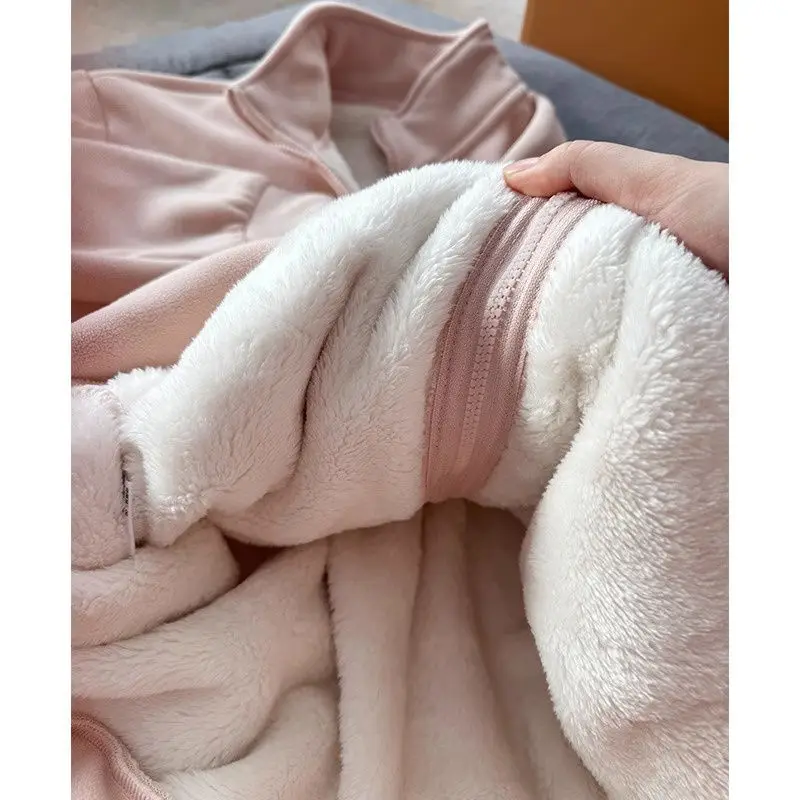 Autumn Winter Polar Fleece Warm Coat Women Sweatshirt Outdoor Sports Casual Zipper Cardigan Jacket Top Slim Teenagers Beige Pink