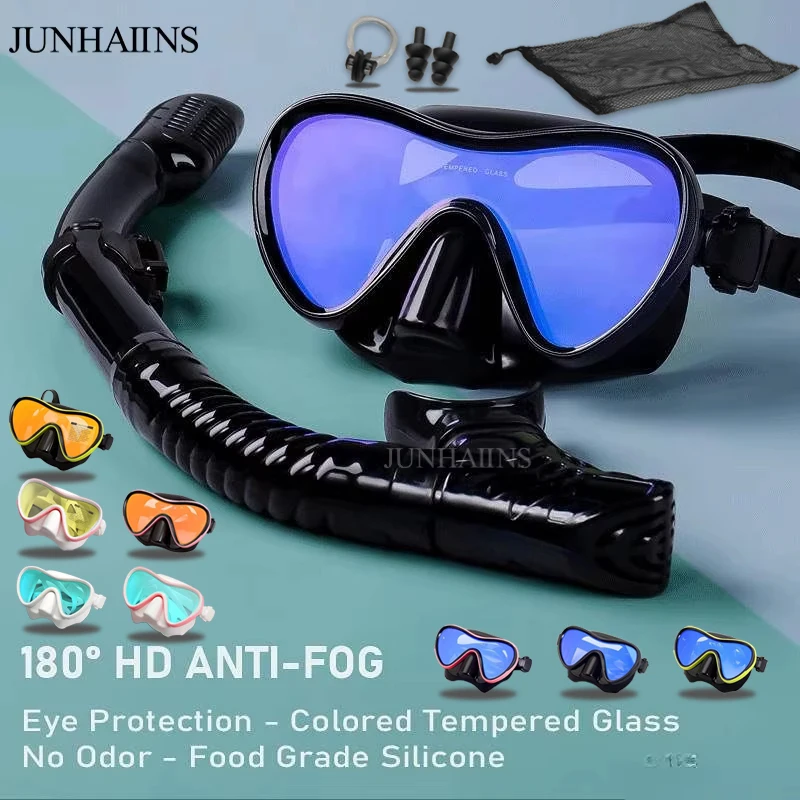 JUNHAIINS Professional Silicone Scuba Diving Mask Breathing tube Anti Fog Tempered Glass Swimming Snorke Set for Water Sport