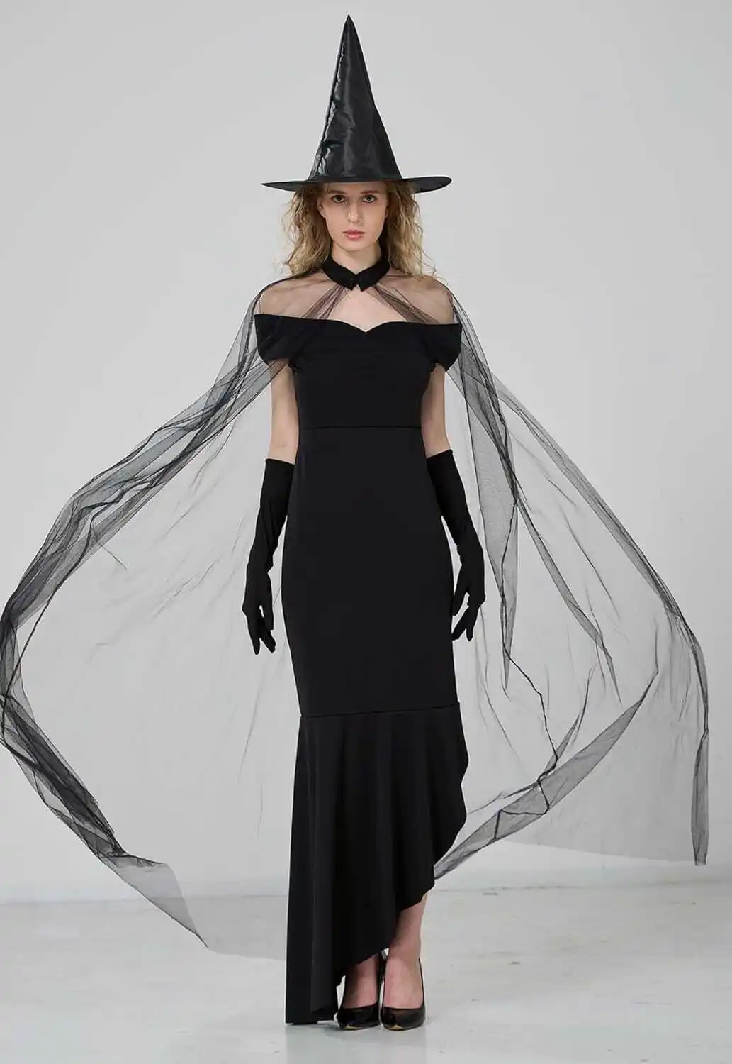 

Новый халат ведьмы на Хэллоуин, прозрачная накидка с капюшоном для маскарада, ролевой женский костюм черного цвета