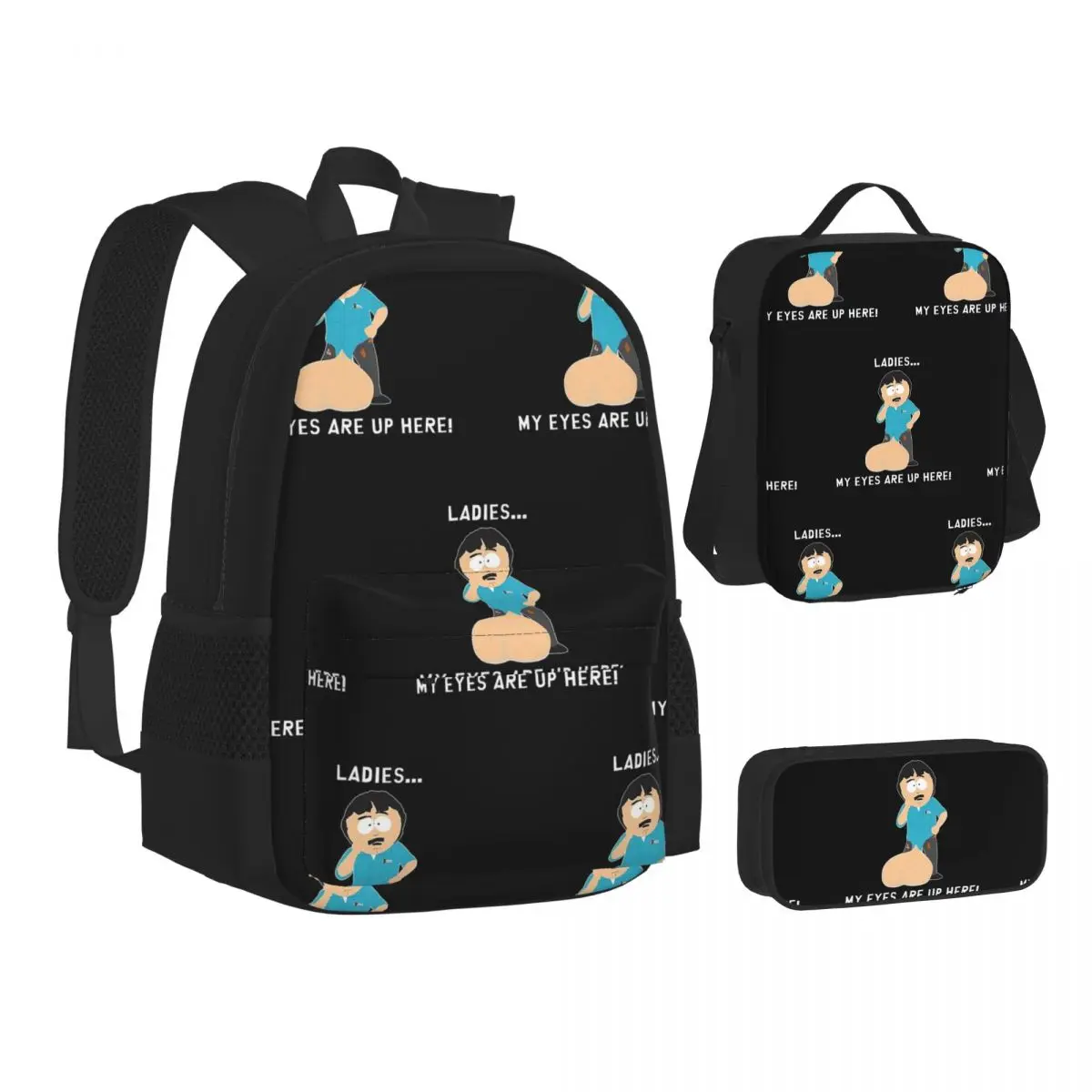 

Randy Marsh Ladies My Eyes Are Up Here Backpacks Students School Bags Kids Rucksack Lunch Bag Pen Bag Three-Piece Set