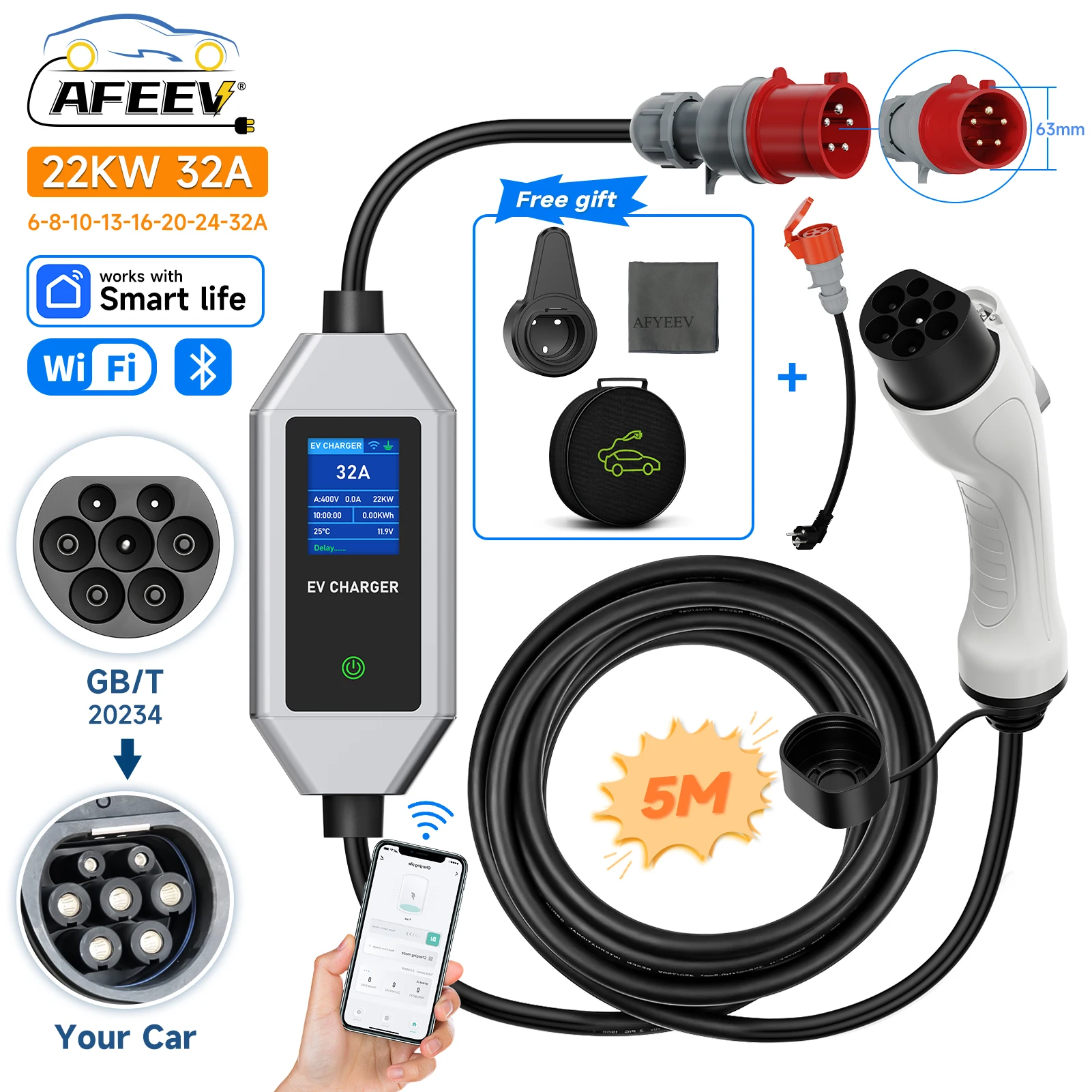 

AFEEV 22KW 32A 3Phase Portable EV Charger GBT 20234 Wallbox EVSE Fast Charging Cable CEE Plug WiFi APP Bluetooth Remote Control