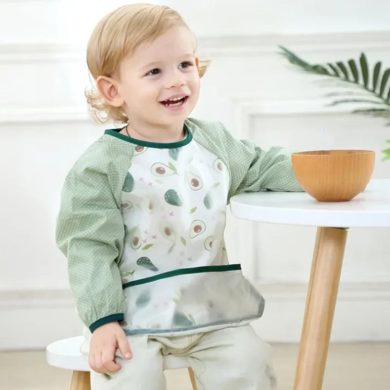 Child Apron Smock Baby Aprons Bibs Waterproof Long Sleeve Cute Car Fruit Boys Girls Bibs Kids Feeding Bib with Pocket Dinosaur