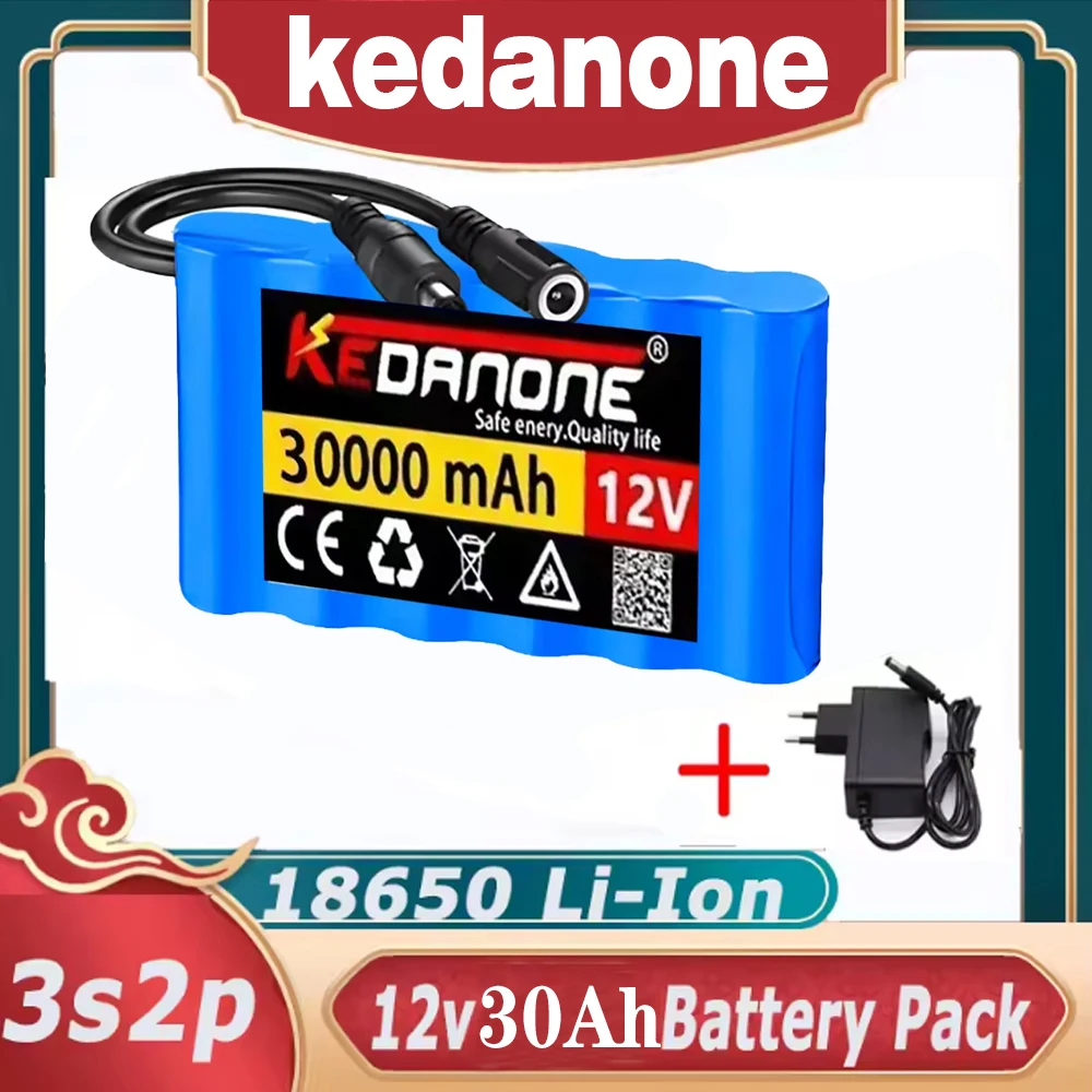 

Portable large capacity lithium-ion battery BMS 3S2P 30000mAh 12V 18650 battery monitoring, audio, LED lights+charger