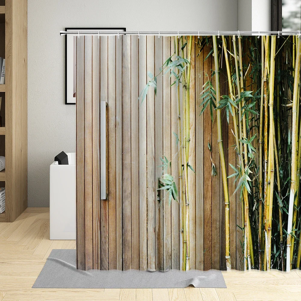 Bamboo Shower Curtain Bathroom Home Decor Green Plants Landscape Bath Curtains With Hooks Polyester Waterproof Fabric Washable