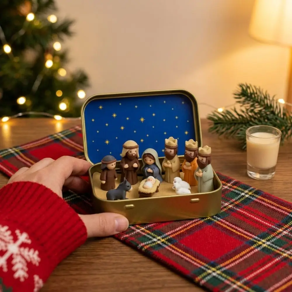 Metal Tin Box Mini Christmas Trough Set Hand Painted 3D Printed Nativity Manger Scene Kit Shepherd Animal Holy Family