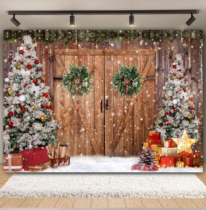 Merry Christmas Photography Backdrop Xmas Tree Fireplace Santa Gift Window Family Baby Portrait Photo Background Decor Studio