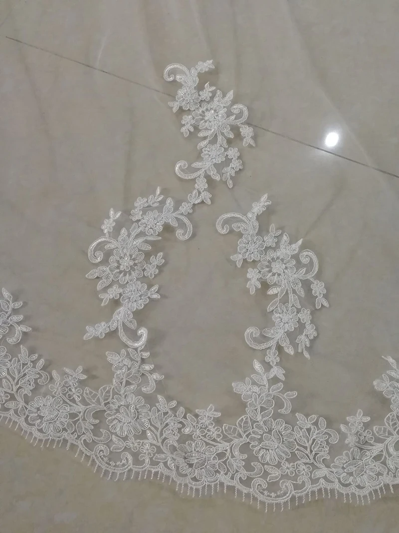 Elegante acessórios de casamento apliques tule longo catedral véus de casamento borda do laço 1t véus de noiva 3 metros veu noiva longo