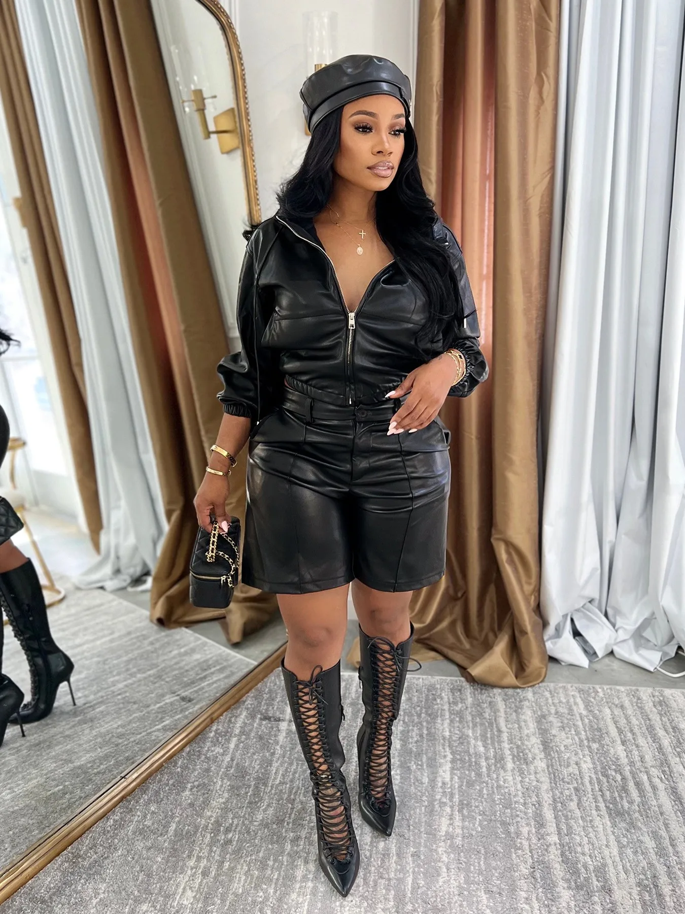 

Сексуальный комплект из укороченной куртки из искусственной кожи и брюк 3/4 длины с длинными рукавами, модная женская коллекция весна, с высокой талией и молнией