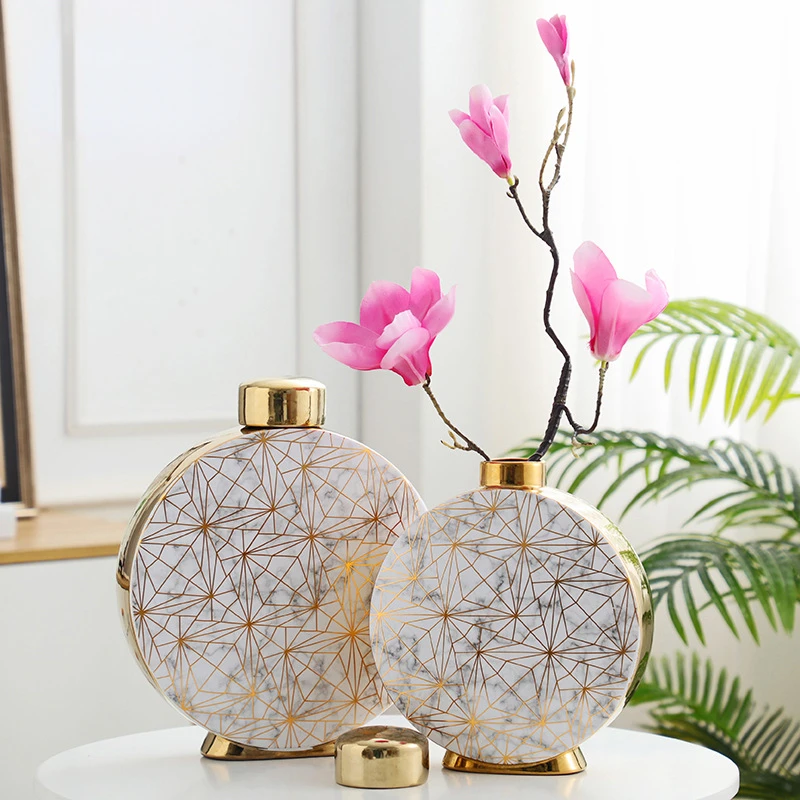 

Marble Pattern Ceramic Vase Classical Storage Jar with Cover Flower Pot Floral Desk Decoration Gold Vases Vintage Home Decor