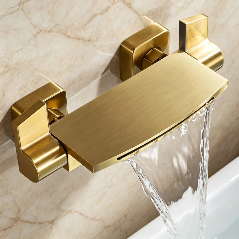 Brushed Gold Bath Shower Faucet Set Wall Mounted Bathtub Waterfall Mixer Brass Tap
