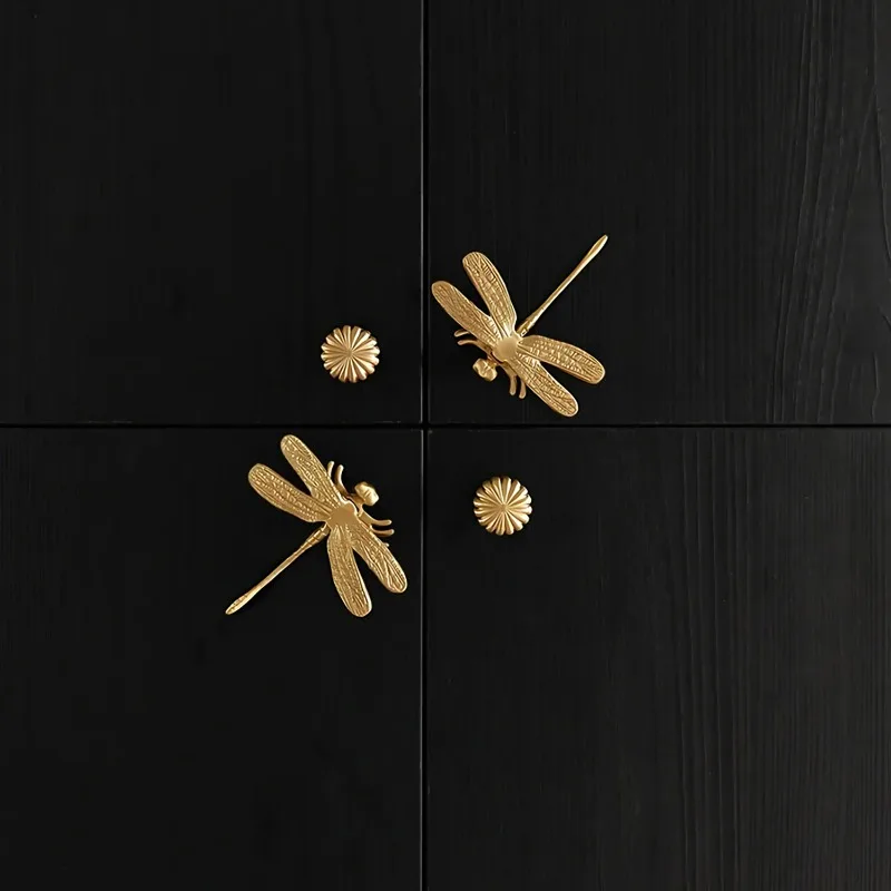Pure Copper Furniture Small Dragonfly Single Hole Handle Art High-end Wardrobe Drawer Cabinet Animal Gold Brass Cabinet Pulls 3