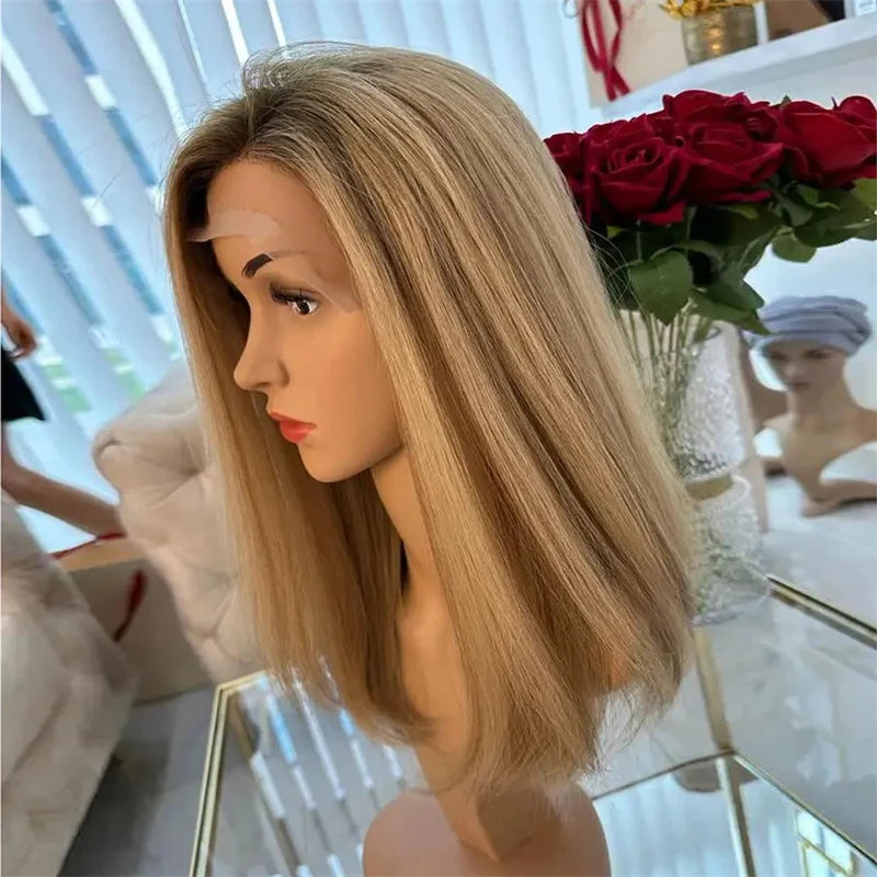 New Glueless Wig for Black White Girl Synthetic Lace Front Wigs Light Brown Honey Blonde Highlights Bob Lace Wig Soft Straight